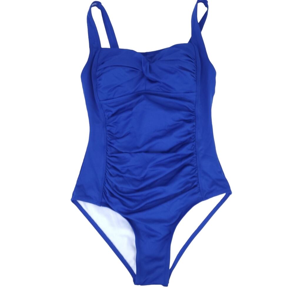 Solid Blue One Piece Swimsuit Small Women, Ruched Design, Adjustable Straps